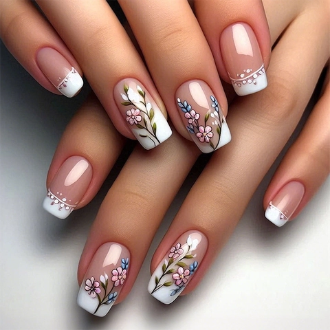 Künstliche Fingernägel Zum Aufkleben Französisch Weiß Mit Blumen Mittellang Squoval Glänzend Elegant Für Damen