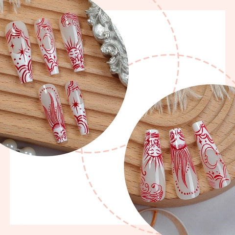 Long Square Press On Nails Mysticism Sun Moon Star White Red Bohemian Style Elegant Fake Nails For Women Daily