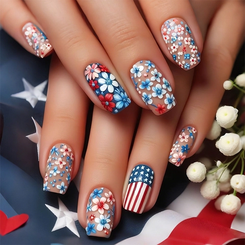 Unghie Finte Con Stelle E Strisce Bandiera Americana Design Fiori 3D ABS Lucido Stile Francese Per Donne