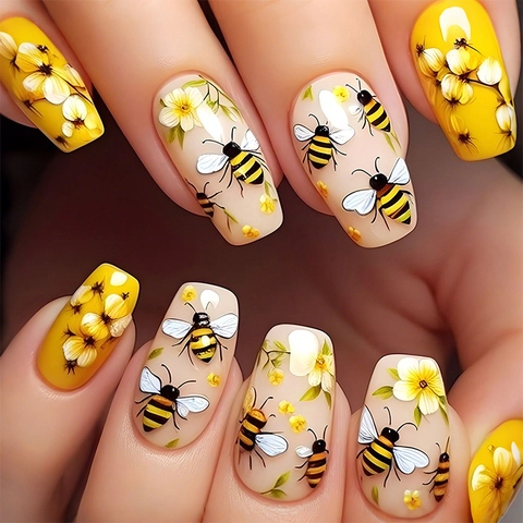 Uñas Postizas Amarillas De Abeja Y Flor ABS Brillante Manicura DIY Estilo Verano Para Mujeres