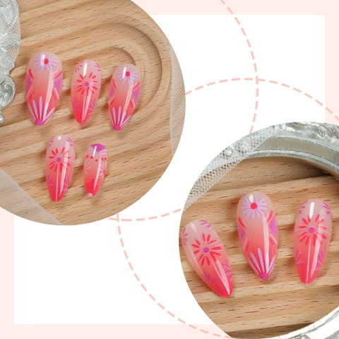Press On Nails Amandelvorm Gradiënt Roze Blush Bloemmotief Ontwerp Lange Volledige Dekking Manicure DIY Voor Vrouwen