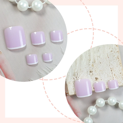Unghie Finte Piedi Lavanda Viola Punta Francese Lucide Corte Plastica Copertura Completa Donne Estate Manicure Piedi DIY