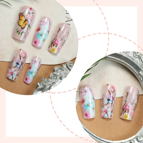 Butterfly Floral Press On Nails Long Ballerina Fake Nails With Jelly Glue And File Macaron Colors Sweet Summer Style