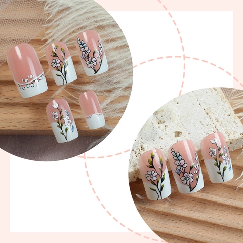Künstliche Fingernägel Zum Aufkleben Französisch Weiß Mit Blumen Mittellang Squoval Glänzend Elegant Für Damen