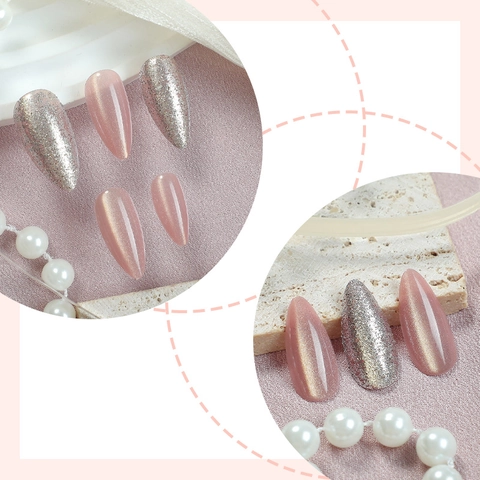 Cat Eye Schimmer Aufpressnägel Mandelform Rosa Glänzende Glitzer Falsche Fingernägel Für Frauen