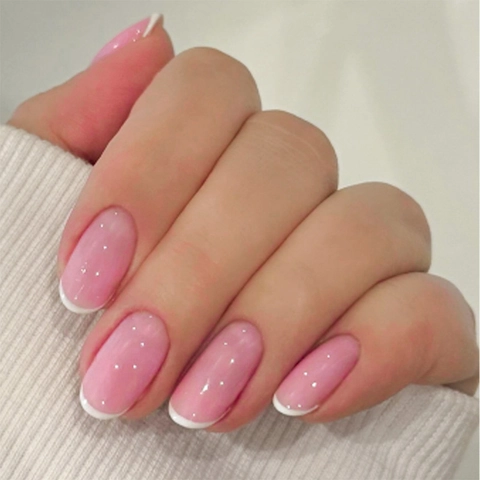 French Tip Press On Nägel Nude Pink Glänzend Oval Kurz Künstliche Falsche Nägel Mit Klebepads Und Nagelfeile Elegante Dame