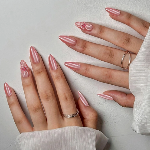 Pink Cat Eye Press On Nails Mandelform Mit Dimensionalen Blumen Strasssteinen Glänzende Falsche Nägel Und Gelee-Kleber Und Nagelfeile