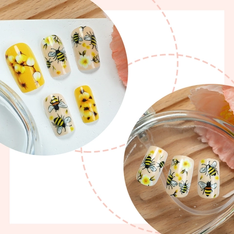 Uñas Postizas Amarillas De Abeja Y Flor ABS Brillante Manicura DIY Estilo Verano Para Mujeres