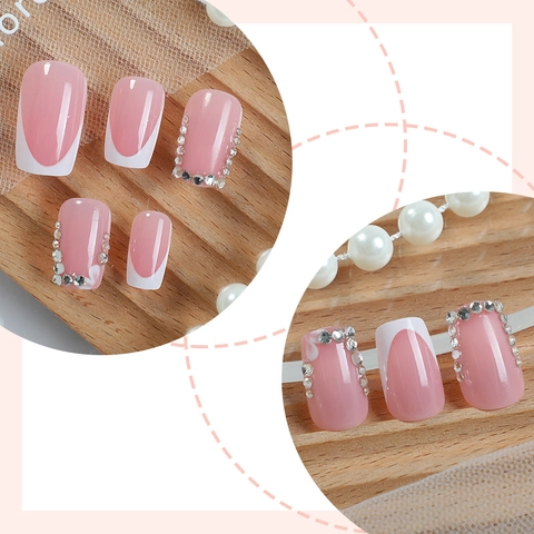 Press On Nails French Tip Rhinestone Nude Pink Medium Long Square Elegant False Nails For Women With Glue And File