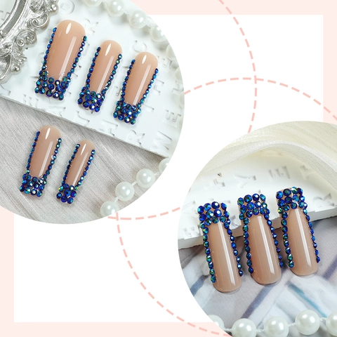 Long Cercueil Press On Ongles Base Rose Nude Strass Bleu Luxe Style Français Faux Ongles Pour Femmes Manucure