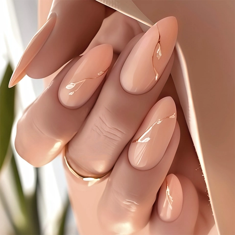 Almond Shape Press On Nails Elegant Nude Pink With Gold Foil Flower Branch Pattern DIY Manicure Tool