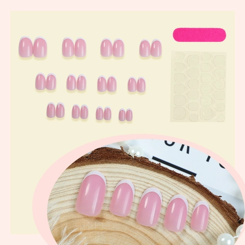 French Tip Press On Nägel Nude Pink Glänzend Oval Kurz Künstliche Falsche Nägel Mit Klebepads Und Nagelfeile Elegante Dame