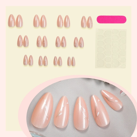 Almond Shape Press On Nails Elegant Nude Pink With Gold Foil Flower Branch Pattern DIY Manicure Tool