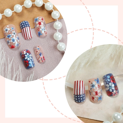 Unghie Finte Con Stelle E Strisce Bandiera Americana Design Fiori 3D ABS Lucido Stile Francese Per Donne