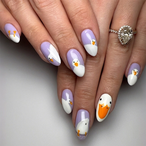 Unghie Finte Mandorla Design Anatra Cartone Animato ABS Viola Bianco Manicure Fai Da Te Per Donne Con Adesivi E Lima