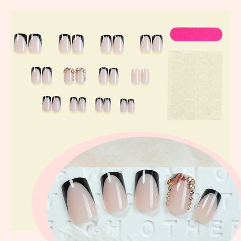 French Tip Press On Nails Black Border Rhinestone Square Wearable Fake Nails Nude Pink For Women