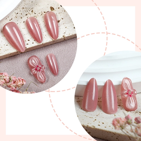 Pink Cat Eye Press On Nails Mandelform Mit Dimensionalen Blumen Strasssteinen Glänzende Falsche Nägel Und Gelee-Kleber Und Nagelfeile