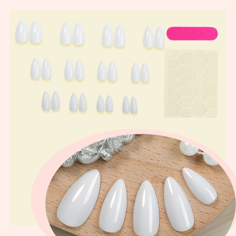 Almond Press On Nails White Marble Pattern Glossy Full Cover Artificial False Nails For Women DIY Manicure
