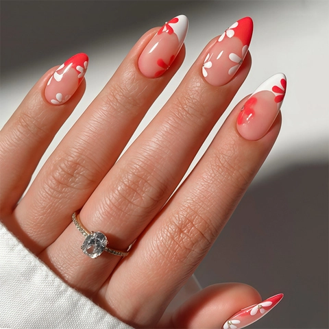 Unghie Finte A Pressione Mandorla Francese Fiore Rosso Bianco Dipinto A Mano Per Donne Con Linguette Adesive E Lima
