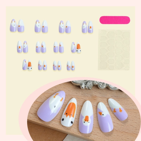 Unghie Finte Mandorla Design Anatra Cartone Animato ABS Viola Bianco Manicure Fai Da Te Per Donne Con Adesivi E Lima