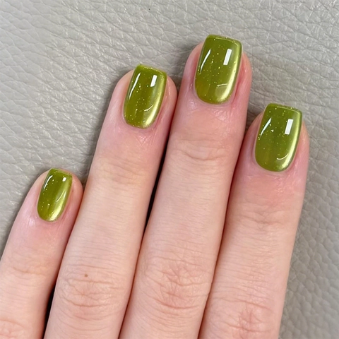 Green Cat Eye Press On Nails Short Square Round Shape Magnetic Glitter False Nails With Nail File And Jelly Glue Stickers