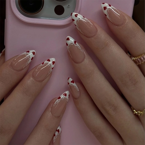 Pink French Acrylic Press On Nails With Red Heart And White Lace Pattern Long Almond Shape Sweet Style DIY Manicure For Women