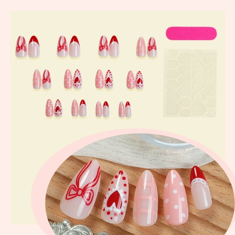Rosa Press On Nägel Rotes Herz Schleife Karomuster Polka Dot Französischer Stil Mandelform Künstliche Nagelspitzen DIY Maniküre Damen