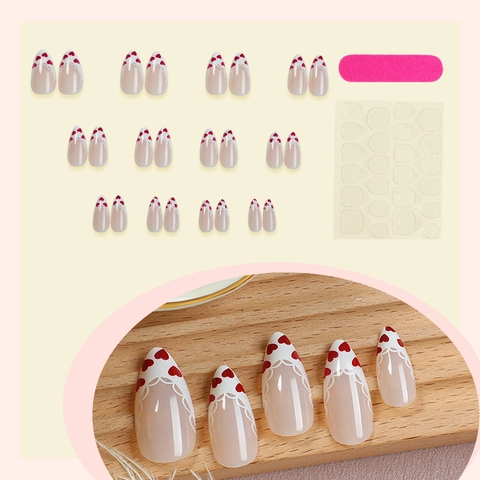 Pink French Acrylic Press On Nails With Red Heart And White Lace Pattern Long Almond Shape Sweet Style DIY Manicure For Women