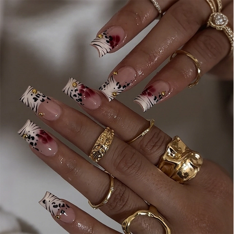 French Leopard Zebra Print Long Square Press On Nails With Flower And Gold Rivet Design Artificial False Nails