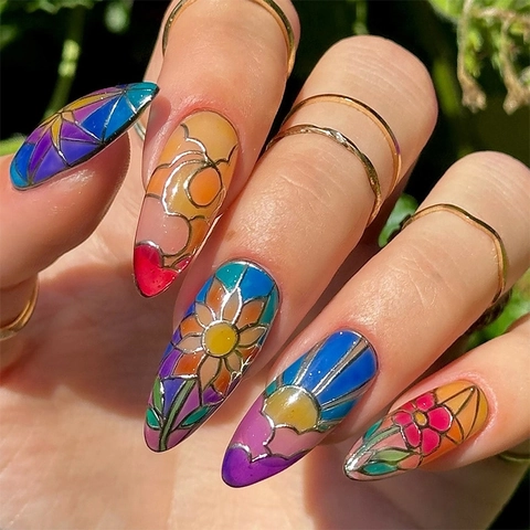 Glänzende Mandel Druck Auf Nägel Bunte Florale Sternen Sonne Muster Tragbare Falsche Nägel Für Frauen Maniküre