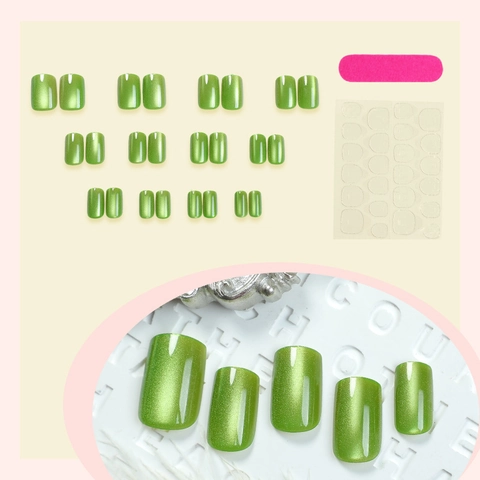 Green Cat Eye Press On Nails Short Square Round Shape Magnetic Glitter False Nails With Nail File And Jelly Glue Stickers