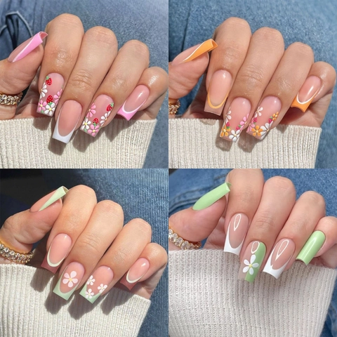 Unghie Finte A Pressione Floreali Fiori In Rilievo 3D French Tip Mandorla Quadrata Forma Bara Riutilizzabili Per Donne