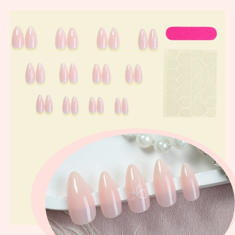Faux Ongles Ombré Français Forme Amande Dégradé Rose Blanc Avec Motif De Nœud Blanc Et Künstliche Perles Manucure Élégante