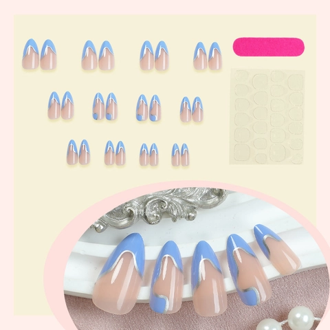 Unghie Finte A Pressione Mandorla Francese Blocco Di Colore Blu Rosa Nude Linea Ondulata Argento Lucida Per Donna