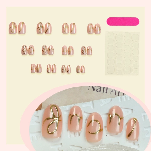 Glossy Nude Pink Press On Nails Gold Metallic Irregular Lines Letter Design DIY Manicure For Women