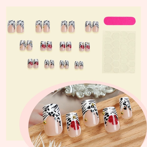 French Leopard Zebra Print Long Square Press On Nails With Flower And Gold Rivet Design Artificial False Nails