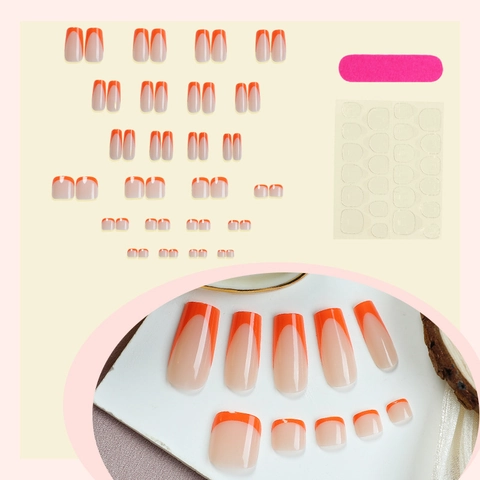 Unghie Finte Stile Francese Per Dita E Piedi Punta Arancione Nude Lucido Lunghe Quadrate Unghie Artificiali