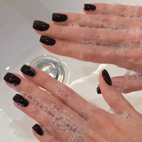 Glossy Black Press On Nails Square Full Cover False Nails With Jelly Glue And Mini Nail File For Women