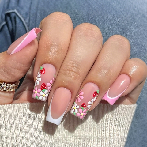 Unghie Finte A Pressione Floreali Fiori In Rilievo 3D French Tip Mandorla Quadrata Forma Bara Riutilizzabili Per Donne