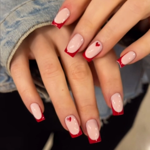 Uñas Postizas Cuadradas De Presión Patrón Corazón Rojo Francés Rosa Nude Brillantes Cubierta Completa Con Lima Y Adhesivo