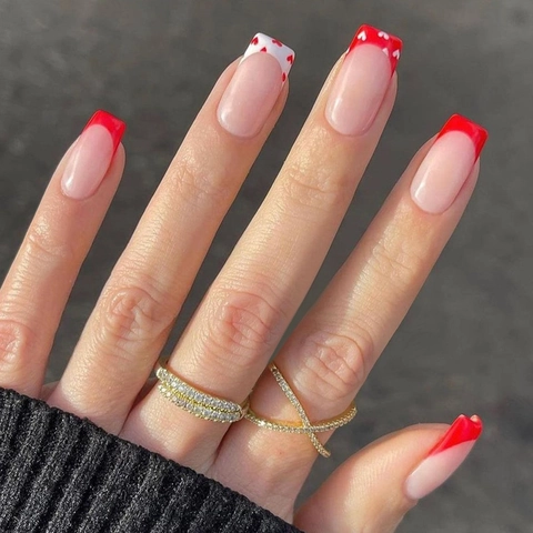 Uñas Postizas De Presión Con Diseño De Corazón Francés Cuadradas Brillantes Removibles Manicura DIY Mujer Plástico ABS