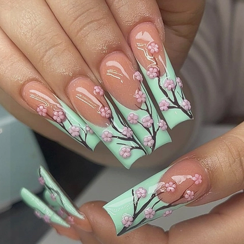 Long Coffin Press On Nails With 3D Cherry Blossom Sakura Design French Mint Green Pink Floral False Nails For DIY Manicure Women