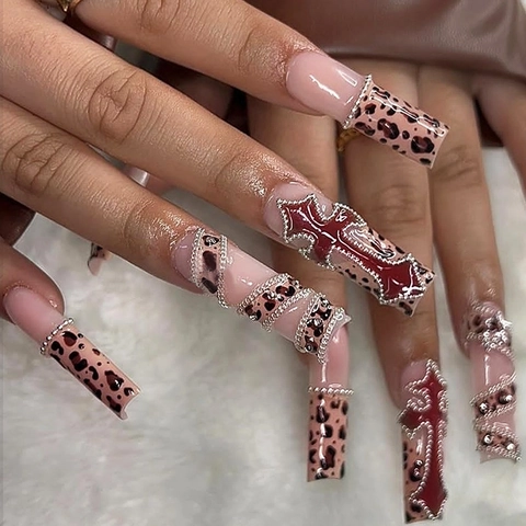 Handmade Long Square Press On Nails Gothic Red Cross Relief Leopard Print Rhinestone Chain Artificial Nails For Women