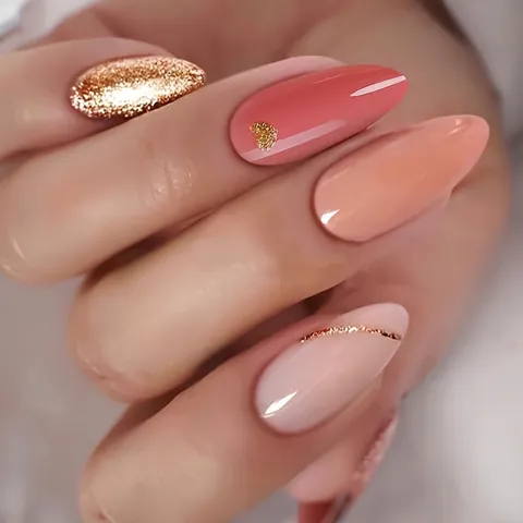 Uñas Postizas Press On Forma Almendra Largas Con Purpurina Rosa Blanco Oro Diseño Ondas Brillantes Para Mujer