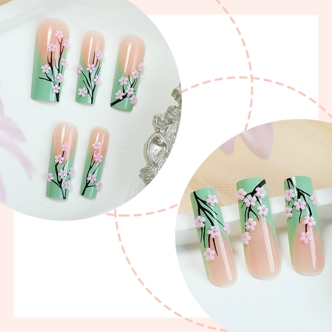 Long Coffin Press On Nails With 3D Cherry Blossom Sakura Design French Mint Green Pink Floral False Nails For DIY Manicure Women