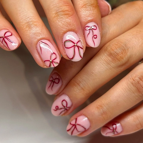 French Style Press On Nagels Met Strikpatroon Roze En Rood Kunstnagels Voor DIY Manicure