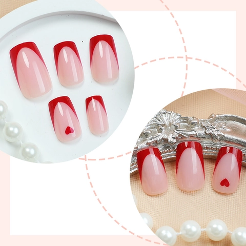 Uñas Postizas Cuadradas De Presión Patrón Corazón Rojo Francés Rosa Nude Brillantes Cubierta Completa Con Lima Y Adhesivo