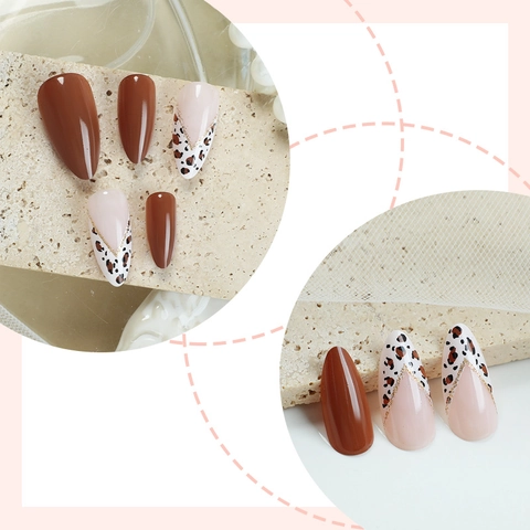 Press On Nägel Lang Mandelbraun Leopard Print Französisch V Form Glänzende Künstliche Nägel Mit Gelee Kleber Und Feile