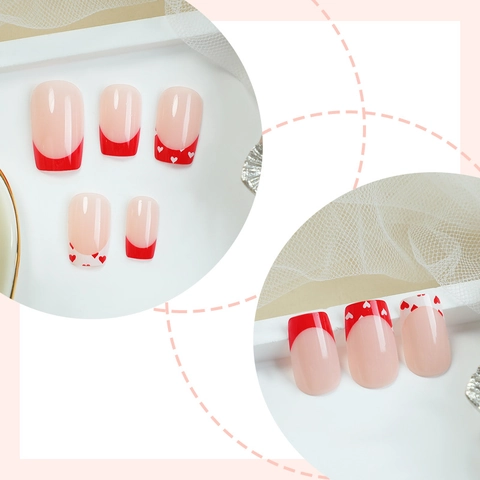 Uñas Postizas De Presión Con Diseño De Corazón Francés Cuadradas Brillantes Removibles Manicura DIY Mujer Plástico ABS