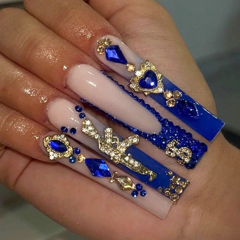 French Luxury Blue Nude Gradient Press On Nails Long Square Resin False Nails With Heart Rhinestones Metal Charms